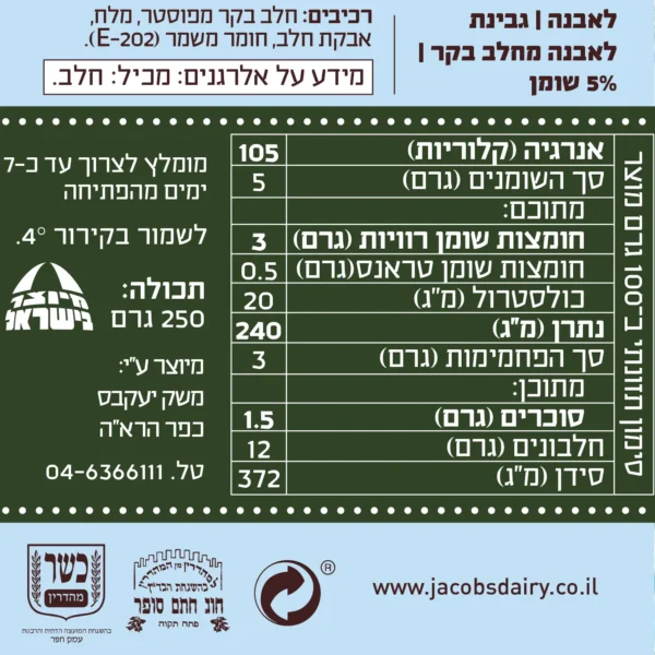 ערכים תזונתיים למוצר לאבנה גבינה רכה מחלב עיזים